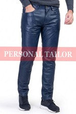 Pantalones de mezclilla de cuero real azul marino genuino para hombre estilo 5 bolsillos pantalones de moto