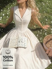 Elegante Vestido Camisa Mujer Color Albaricoque Escote en V