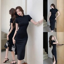 Vestidos collar mujer estilo chino monocromático manga corta microelasticidad