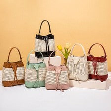 Bandolera de paja tejida con cordón Bolso de cubo Bolso de hombro de playa para mujer