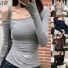 Camiseta de mujer manga larga para calce ajustado capa base top cuello cortado diseño coreano