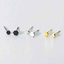 Pendientes Pequeños Hexagonales Geométricos Plata 925 Mujer Hombre Negro