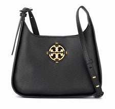 Bolso Hobo Pequeño Tory Burch Miller Negro Guijarro Dorado Logo Cremallera Correa Desmontable