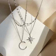 Collar Luna y Estrella con Circonitas Mujer Cadena Plata de Ley 925/40cm