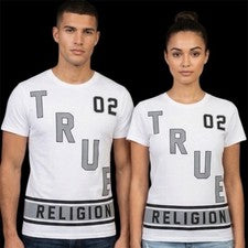 $69 TRUE RELIGION Camiseta Blanca DEFENSA Manga Corta Diseñador Gráfico Nueva con Etiquetas