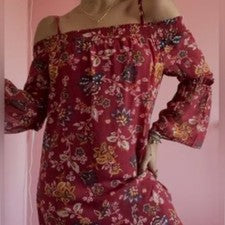 NUEVO CON ETIQUETAS A. Byer Vestido Floral Hombro Descubierto Midi Para Mujer Pequeño Borgoña Boho