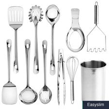 Juego de utensilios de cocina de acero inoxidable de 11 piezas con soporte para utensilios