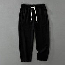Pantalones sueltos estilo chino para hombre mezcla de lino pantalones rectos con cordón