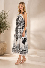 Vestido midi de gasa MISSY "Black & White Glamour" con detalles de pedrería - Mega - NUEVO