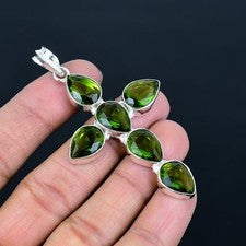 Colgante Cruz Plata de Ley 925 Regalo Étnico Piedras Preciosas Peridoto Pera 3.2" VJ 328