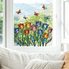 Pegatina adhesiva estática de vidrio tulipán temática Van Gogh para decoración de interiores del hogar