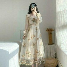 Vestido Para Mujer Retro Elegante Bordado Floral Malla Manga Abullonada Moda