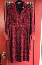 Vestido midi clásico rojo borgoña floral manga larga London Times para mujer talla 8
