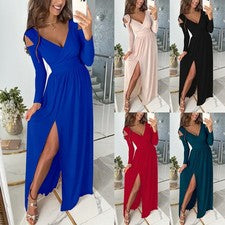 Moda Mujer Vestido de Noche Manga Larga para Boda Fiestas Ranura