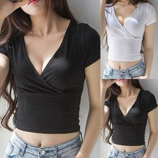 Top corto de mujer monocromático cuello en V manga corta verano poliéster moda Top