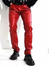 Pantalón Para Hombre Piel de Oveja Genuina Cuero Rojo Pantalón Jeans Estilo Cinco Bolsillos