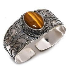 Brazalete ajustable de plata de ley 925 hecho a mano con piedras preciosas ojo de tigre m640