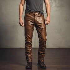 Pantalones de cuero marrón envejecido para hombre piel de vaca cuero genuino estilo motociclista