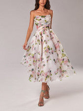 Vestido columpio grande estampado sin mangas sin tirantes informal de moda para mujer