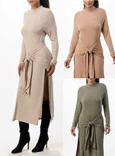 Vestido midi tejido manga larga con corbata frontal para mujer moda invierno 2022 ropa informal