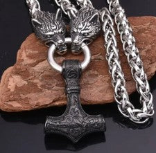 Collar vikingo macizo Mjölnir colgante con cabeza de lobo cadena joyería vikinga
