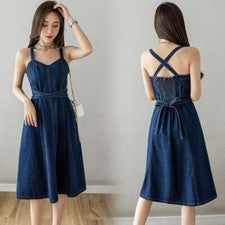 Mujeres Una Línea Tirantes Moda Sexy Vestido Denim Espalda Correa Cruzada Verano Coreano