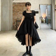 Vestido asimétrico con volantes gótico Lolita manga abullonada midi encaje negro moda para mujer