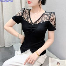 Blusa Camiseta Blusa Western Mujer Malla Letra Algodón Retazos Fiesta Cóctel
