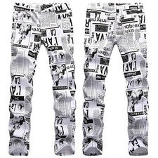 Mens Fashion Hip Hop Slim Fit Denim Pants Newspaper Print Jeans Casual Trousers