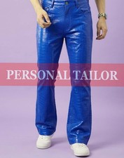 Pantalón de mezclilla de cuero de cocodrilo azul real de piel de cordero para hombre estilo bootcut 5 bolsillos