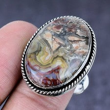 Anillo de plata de acero 925 hecho a mano con piedras preciosas de ágata de encaje loco natural talla 9 w241