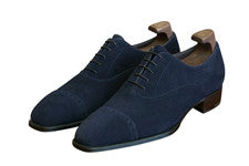 Zapatos de oficina hechos a mano azul marino Oxford gamuza cuero puntera con cordones para hombre