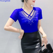 Verano Occidental Mujer Estrás Cuello en V Malla Camiseta Pullover Fiesta Informal Prendas para el torso