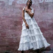 Maxi Vestido Largo de Algodón Bordado en Capas con Volantes Inspirado en Diseñador para Mujer Verano
