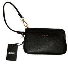 Cartera sin asas DKNY para mujer Bryant artículo muñeca negra imitación cuero saffiano dorado
