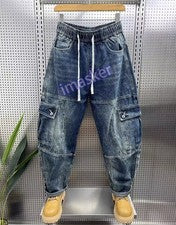 Moda Para Hombres Denim Cordón Suelto Jeans Mono Pantalones Carga Hip Hop Pantalones