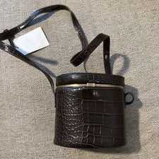 Bolso Bandolera ZARA Marrón Cocodrilo Repujado Cilindro Rígido Marco Dorado Nuevo con Etiquetas