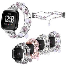 Para Fitbit Versa 1 2 3/Sense Moda Brillante Banda Elástica Perla Correa de Cuentas