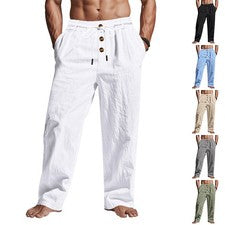 Casual Hombre Playa Moda Botón Estilo Suelto y Transpirable Deportes Lino Pantalones