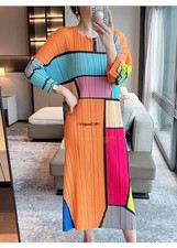 Vestido plisado de moda para mujer estampado geométrico cuello redondo largo plisado