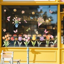 Se adhieren estáticos de vidrio con temática de tulipán de doble cara para decoración de ventanas de oficina en casa