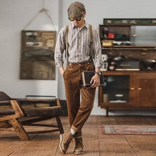 Pantalones rectos de pana estilo británico para hombre Pantalones con tirantes Pantalones de trabajo retro