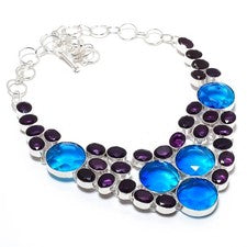 Collar Joyería Hecho a Mano Topacio Azul Suizo, Piedras Preciosas Amatista 18"