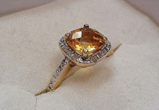 Anillo grande amarillo citrino blanco diamantes oro 18k plata de ley 925 damas 7 3/4