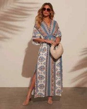 Vestido de verano estilo bohemio barbecho para mujer estampado de moda cintura alta falda abertura