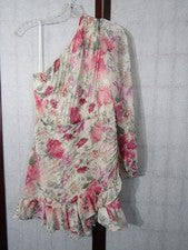 Nuevo con etiquetas Vestido Express Floral Estampado Metálico Un Hombro Volantes Poli Para Mujer M