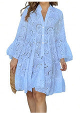 Vestido suelto de manga larga con ribete de encaje hueco informal de moda para mujer