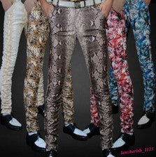 Pantalones lápiz de piel de serpiente de cuero sintético para hombre calce ajustado club nocturno moda lo último