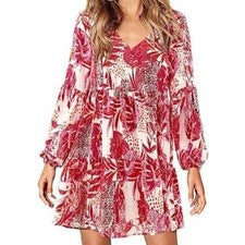 Vestido túnica informal suelto fluido L/S cuello en V talla pequeña para mujer, NUEVO
