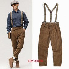 Pantalones rectos de pana estilo británico para hombre Pantalones con tirantes Pantalones de trabajo retro